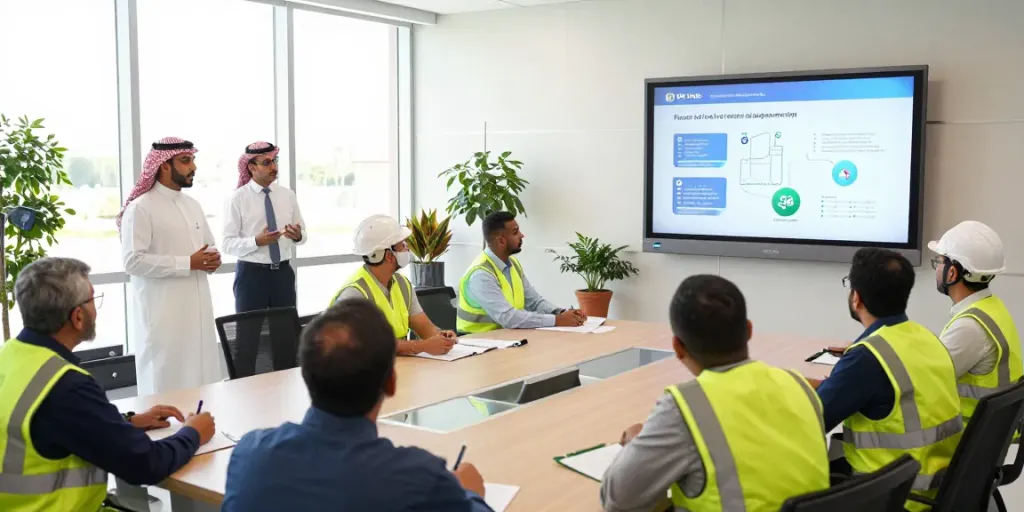 Training Institute Saudi Arabia session with diverse professionals engaging in HSE certifications and ISO standards.