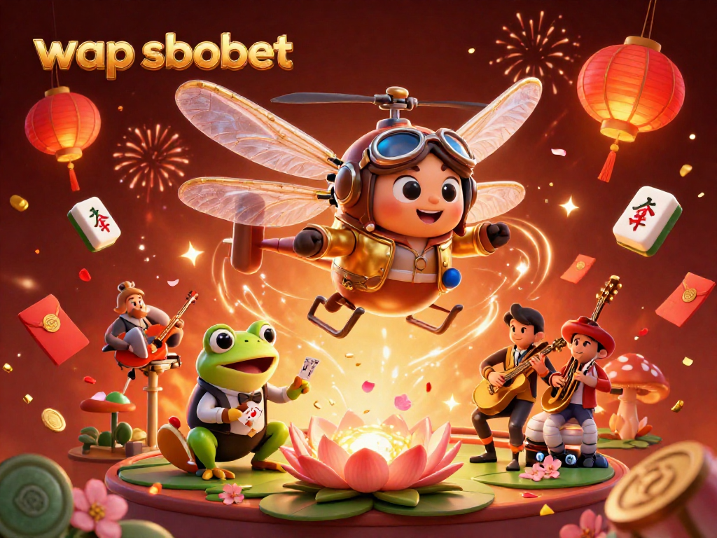 Experience the thrill of betting with wap sbobet at a colorful casino scene featuring dragonfly pilots and frog croupiers.