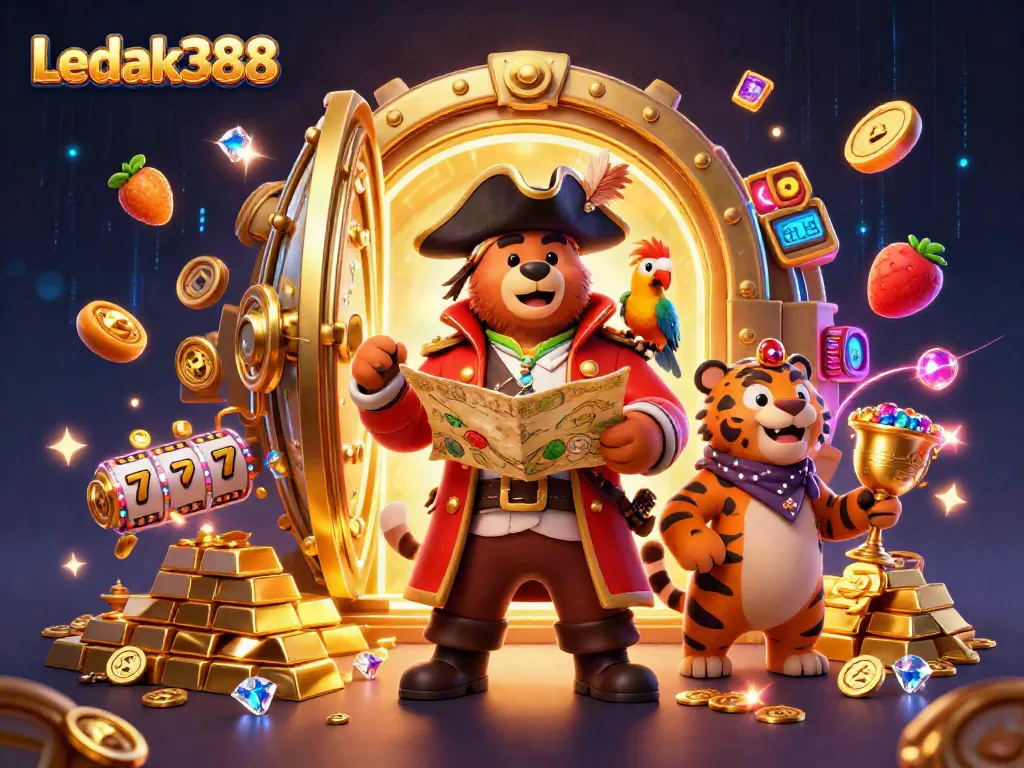 Experience exciting gameplay with Ledak388 as a cartoon pirate bear, a tiger first mate, and a treasure map.