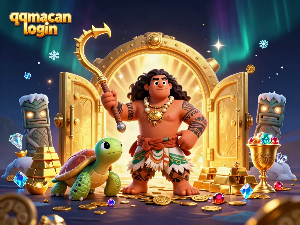Experience the thrills of qqmacan login with a vibrant cartoon scene showcasing a powerful demigod and treasures.