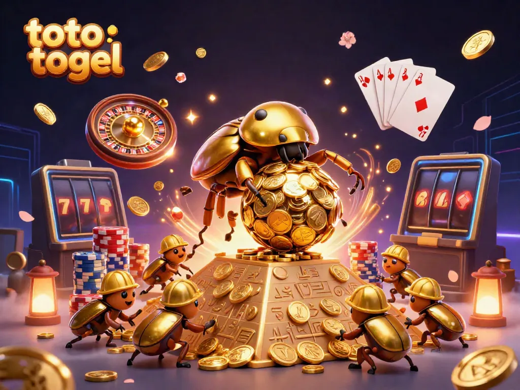 Experience the thrill of toto togel with vibrant cartoon beetles rolling gold, sparkling gems, and casino elements.