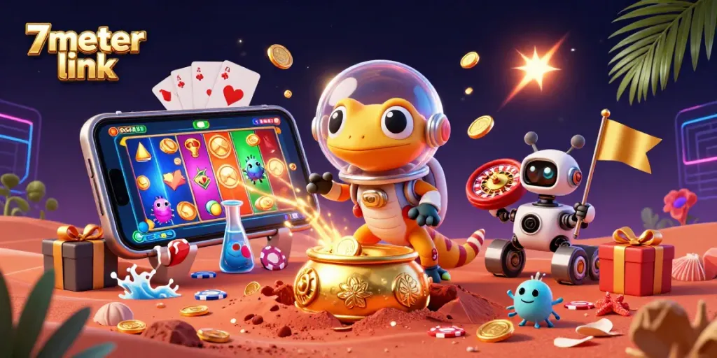 Experience thrilling wins with 7meter link in this vibrant, dynamic casino-themed illustration.