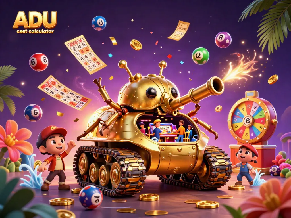 Engage with the ADU cost calculator in a vibrant casino-themed scene featuring dynamic games and colorful elements.