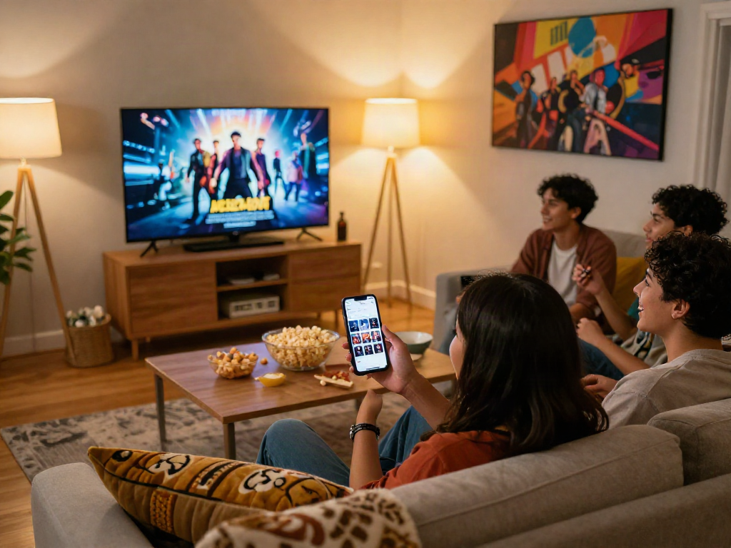 Friends enjoying movie night with Moviebox apk on smartphone in cozy living room