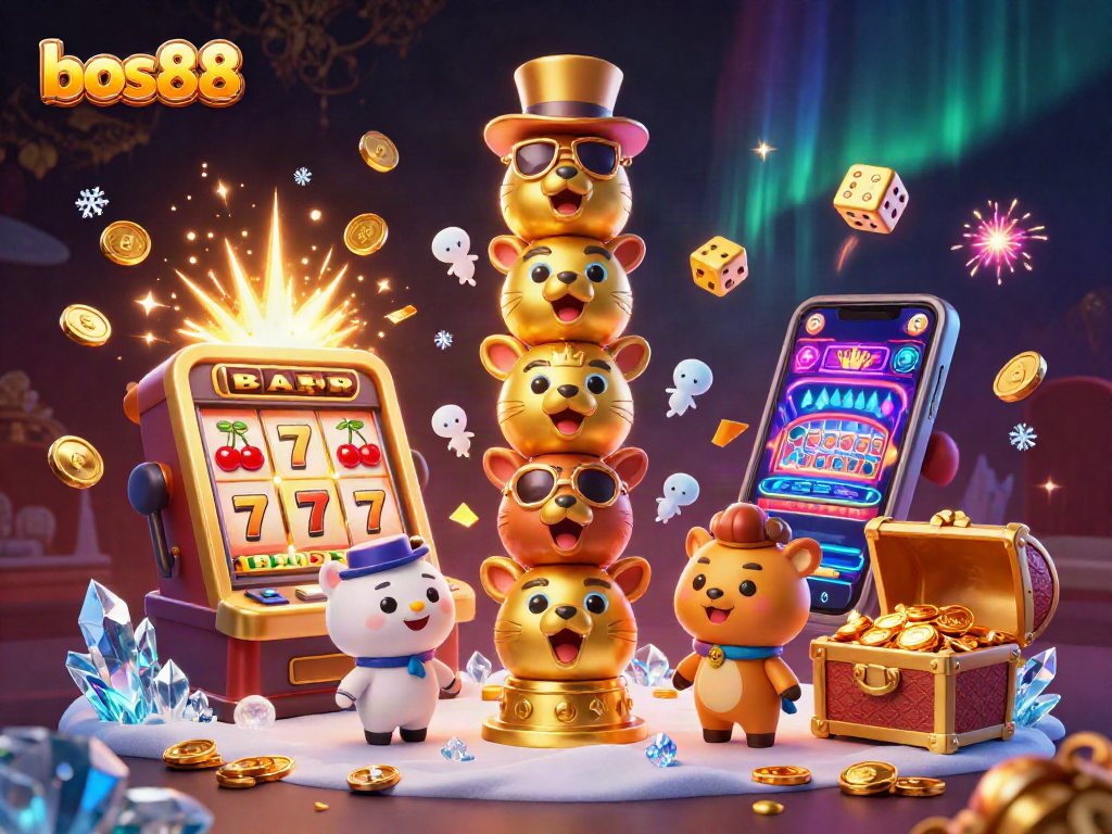 Manfaatkan kesempatan menang di bos88 dengan simbol slot berwarna-warni dari mesin game yang menyala.