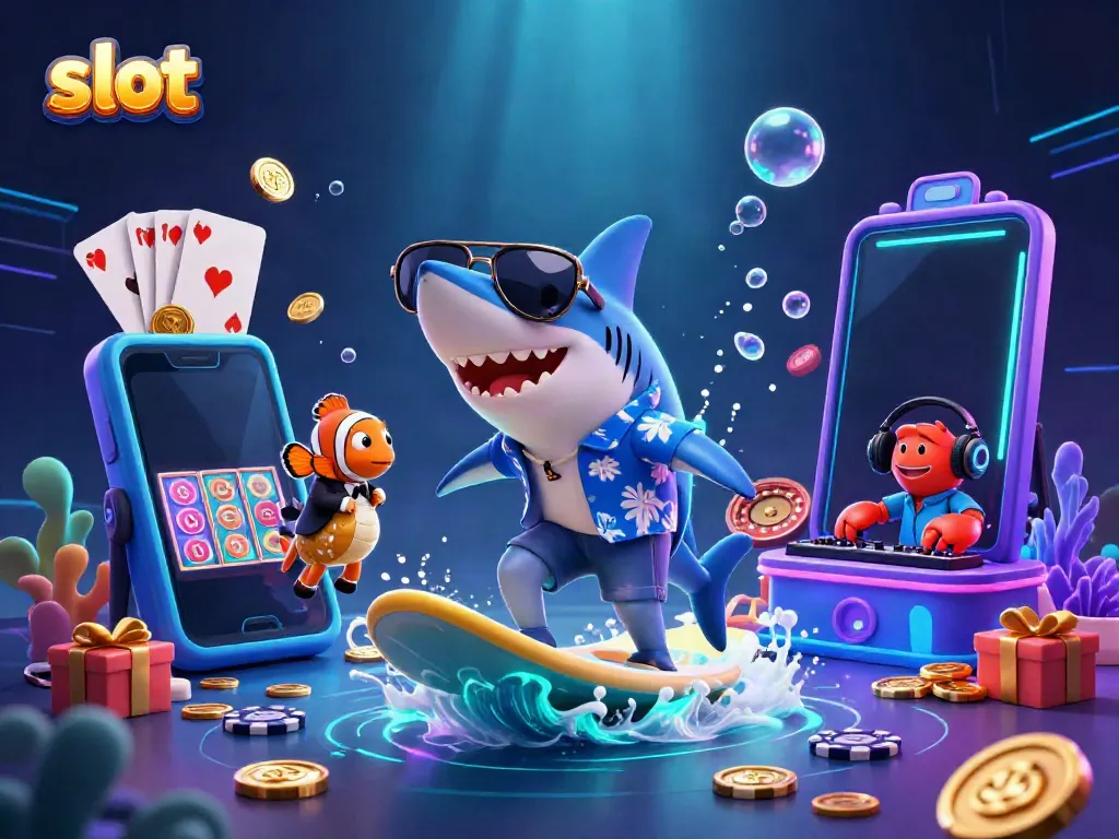 Engaging 3D illustration of a shark surfing gold coins beside a slot game smartphone.