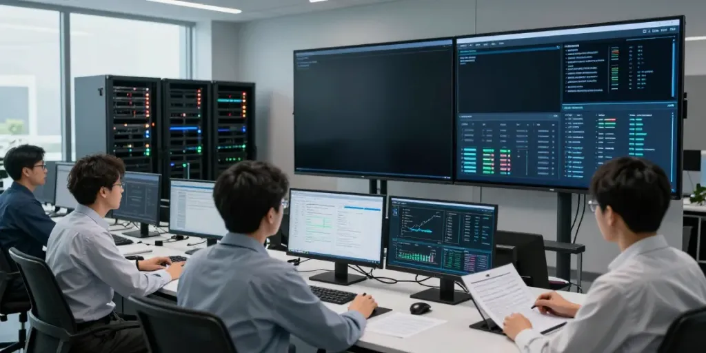 Control room monitoring AI tokens and infrastructure performance during operations.