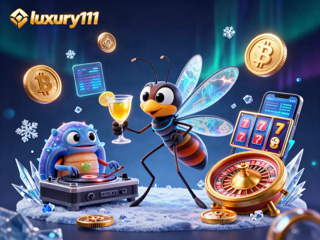 Experience luxury111 at the casino with vibrant 3D characters and cryptocurrency elements.