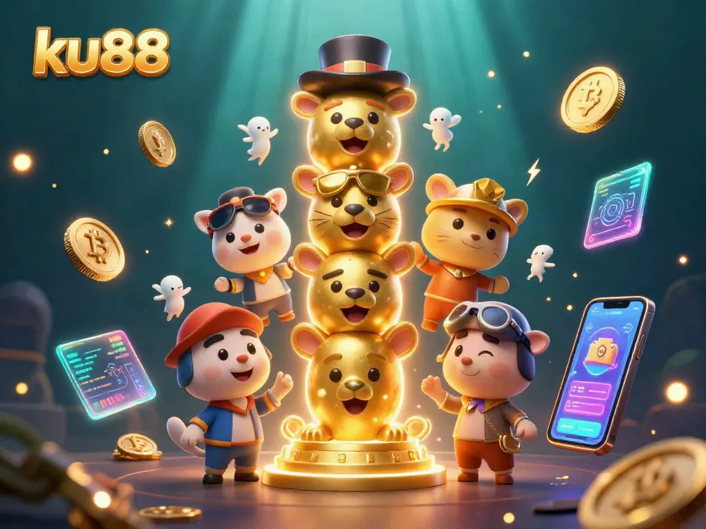 ku88 showcases a vibrant totem pole surrounded by illuminated crypto coins, enhancing the gaming experience.