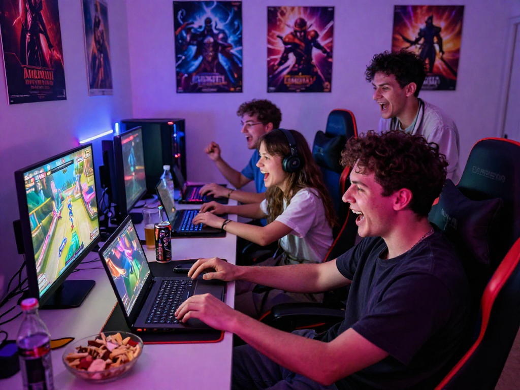 Friends enjoying a porn game together in a cozy, neon-lit gaming room.