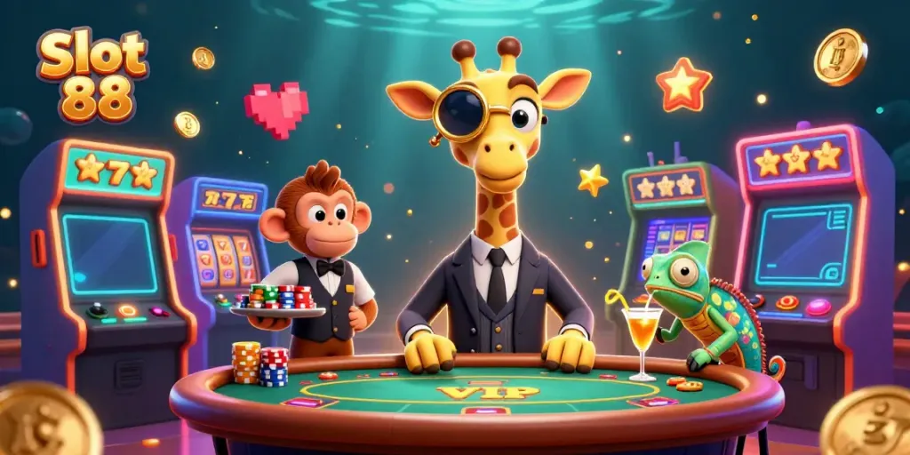 Experience Slot 88's high-stakes thrill with animated casino characters and vibrant slot reels.