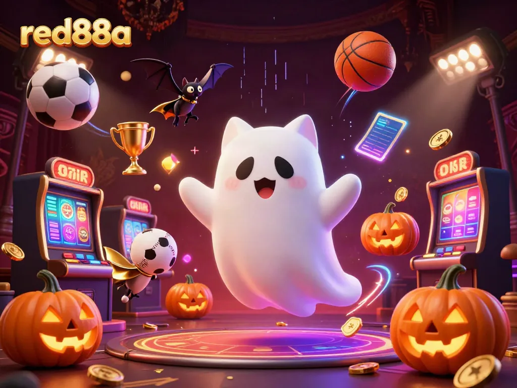 Engaging scene of red88a with a ghost cat, bat, and glowing poker jack-o-lanterns in a vibrant casino setting.
