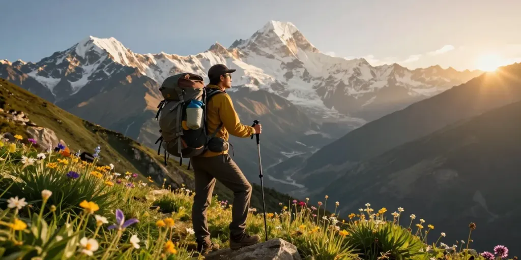 Trek to Manaslu Circuit with a traveler at a scenic viewpoint overlooking Mount Manaslu, showcasing the adventure and stunning landscape.