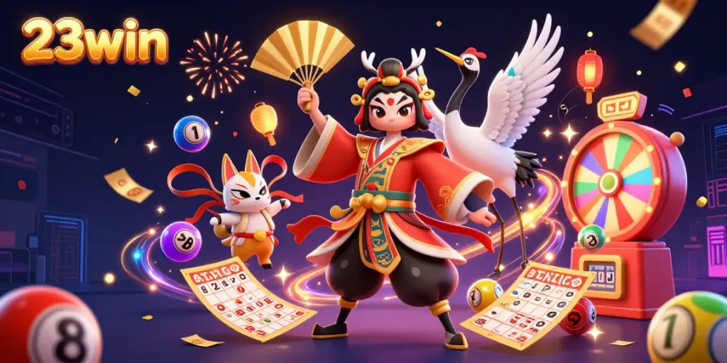 Experience the excitement of 23win’s vibrant lottery-themed 3D casino scene featuring dynamic games and celebration.