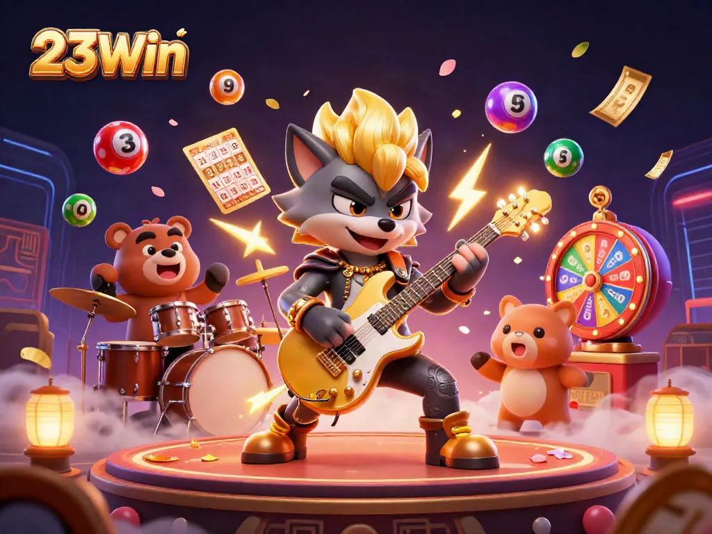 Engage in thrilling gameplay at 23Win with a rockstar wolf and vibrant lottery elements.
