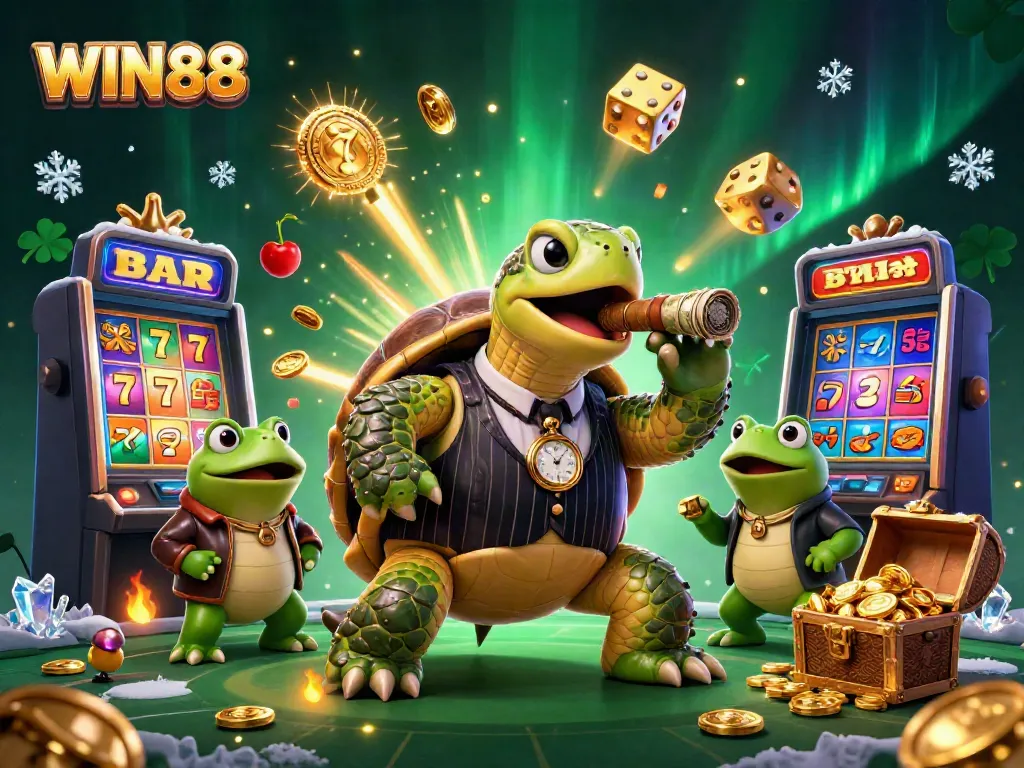 Experience the thrill of WIN88 at a vibrant casino featuring a money-chomping turtle and exciting game elements.