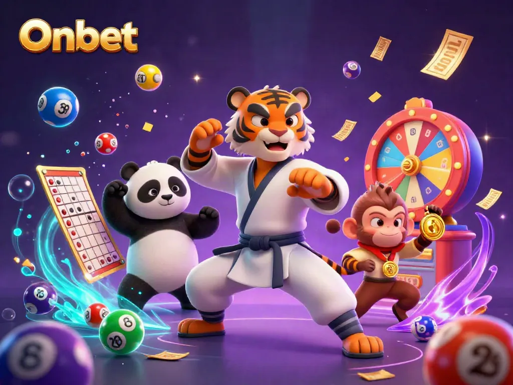 Onbet showcases vibrant, lively 3D casino-themed characters engaging in fun lottery activities amidst a colorful, dynamic atmosphere.