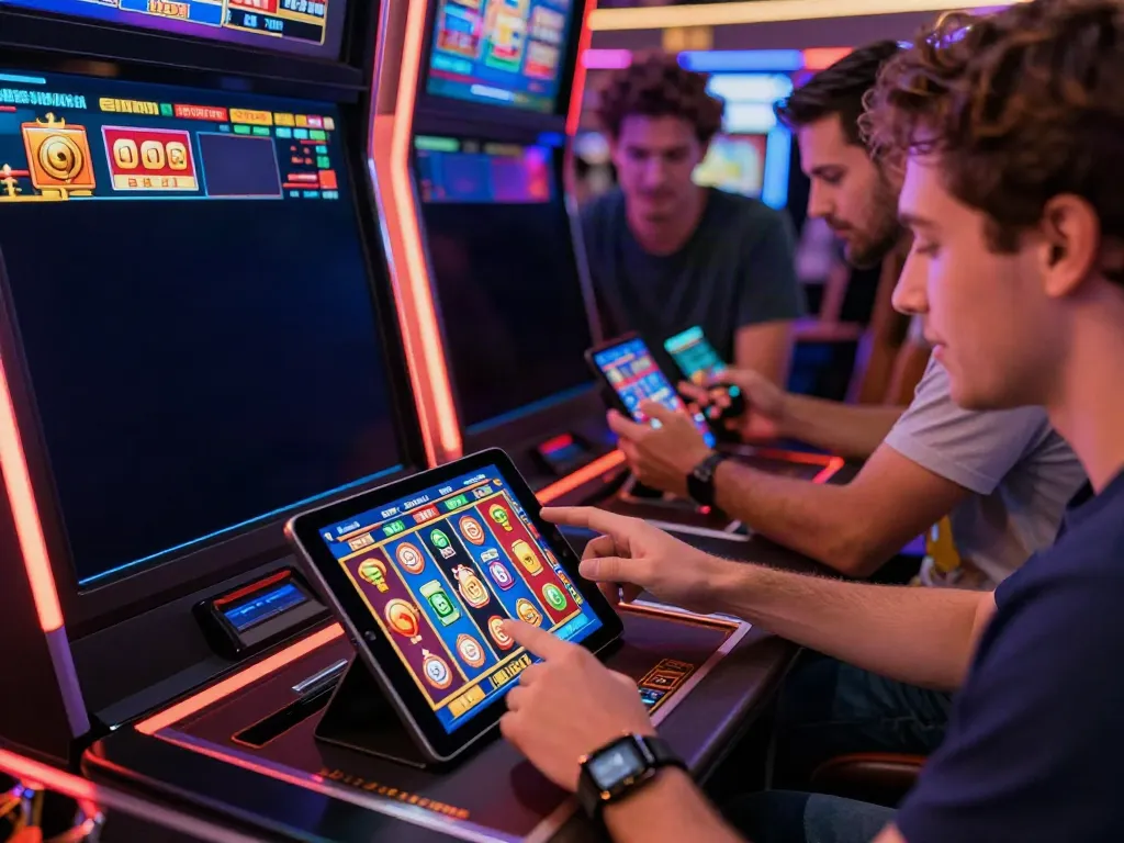Exciting online slot gaming scene with diverse players engaging with สล็อต apps in a lively casino-like atmosphere.