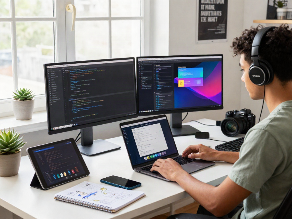 A developer working on the pikashow app in a modern tech workspace with dual monitors and creative elements.