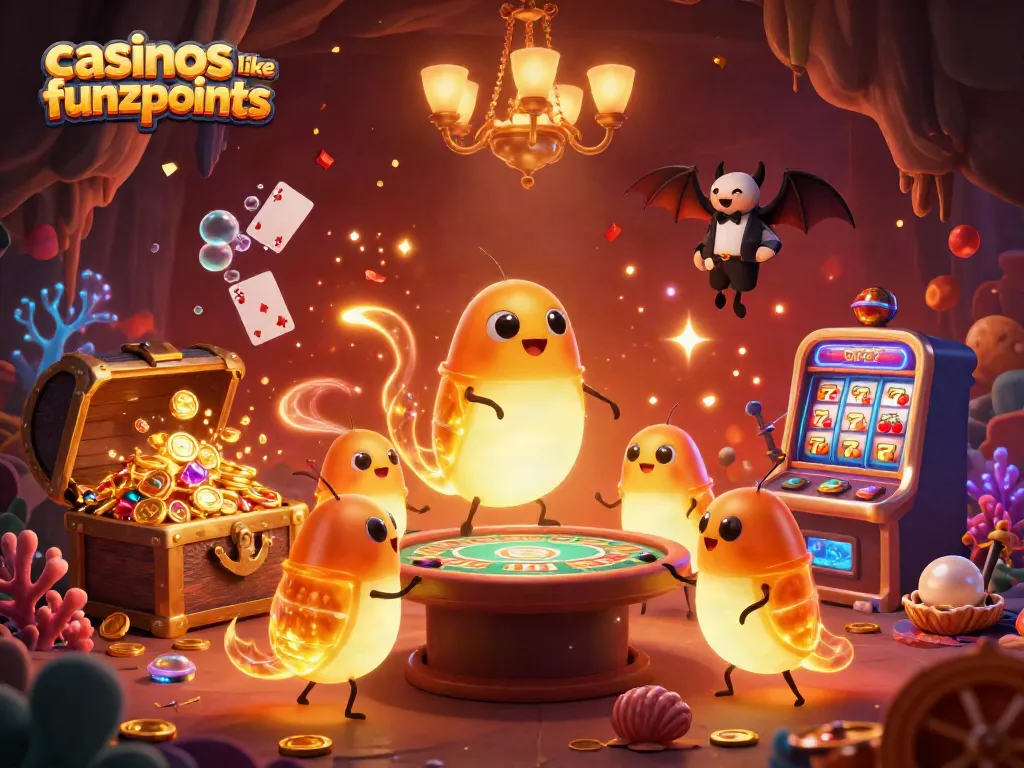 Play at casinos like funzpoints with a vibrant scene featuring glowworms and gold coins.