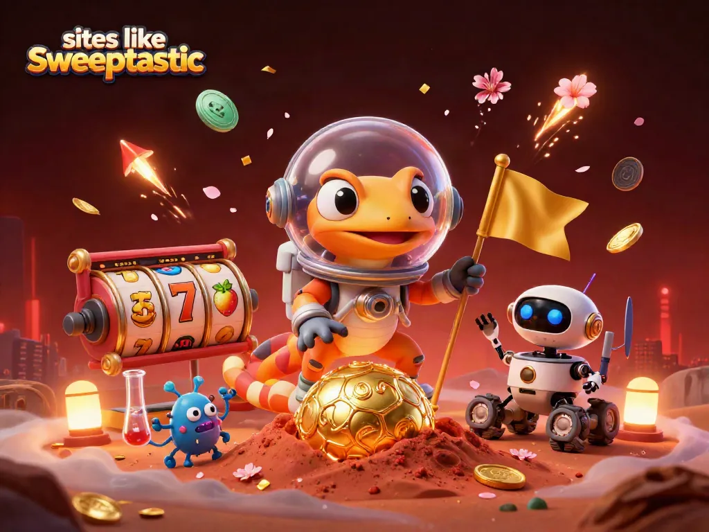 Play slots like sweeptastic with a dynamic Martian scene featuring alien elements and casino treasures.