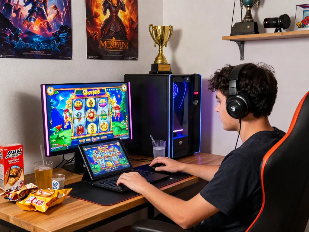 Player enjoying slot gacor maxwin in an exciting gaming setup with colorful visuals and cozy atmosphere.