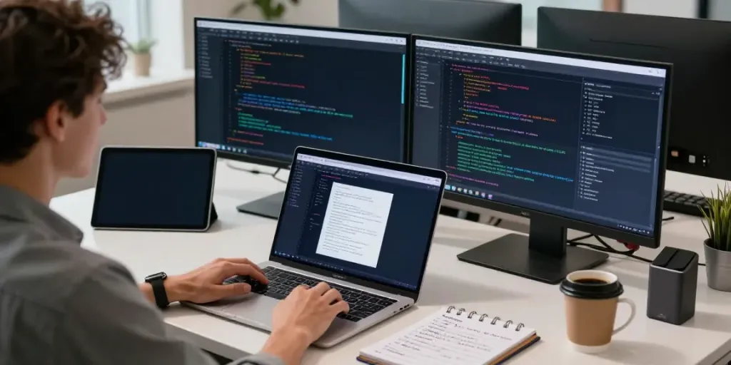 Developer coding with an OpenAI-compatible API integration guide at a modern workspace.