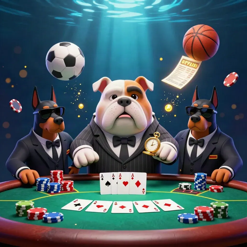 Mobster bulldog and Dobermans amid poker chips, balls, teal-gold light, and underwater haze