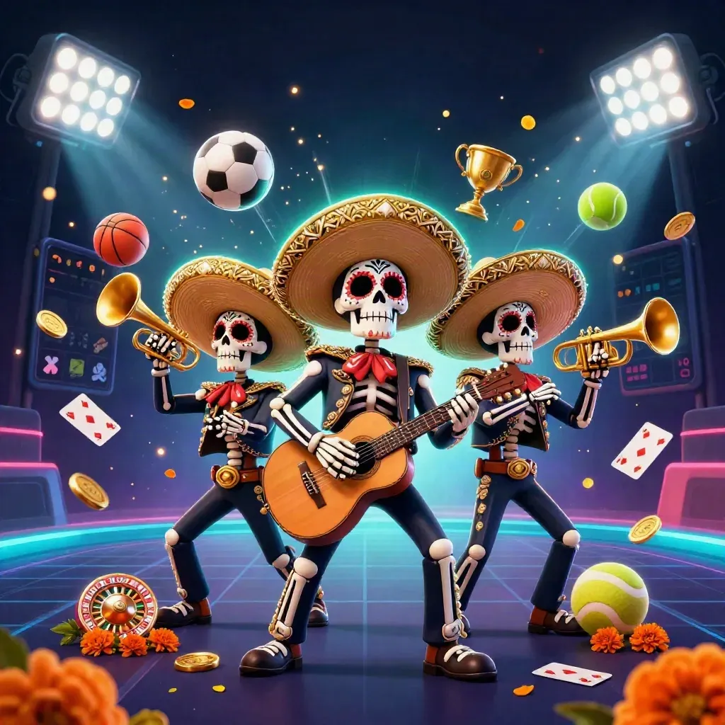 Skeleton mariachi trio amid coins, sports balls, trophy, and neon casino lighting.