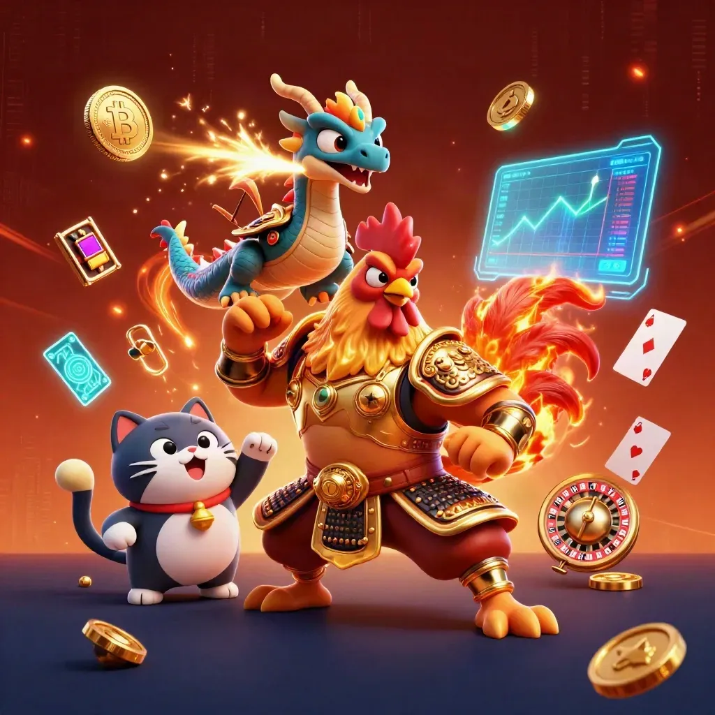 Rooster warrior, dragon hatchling, and fortune-cat amid neon casino energy and coins.