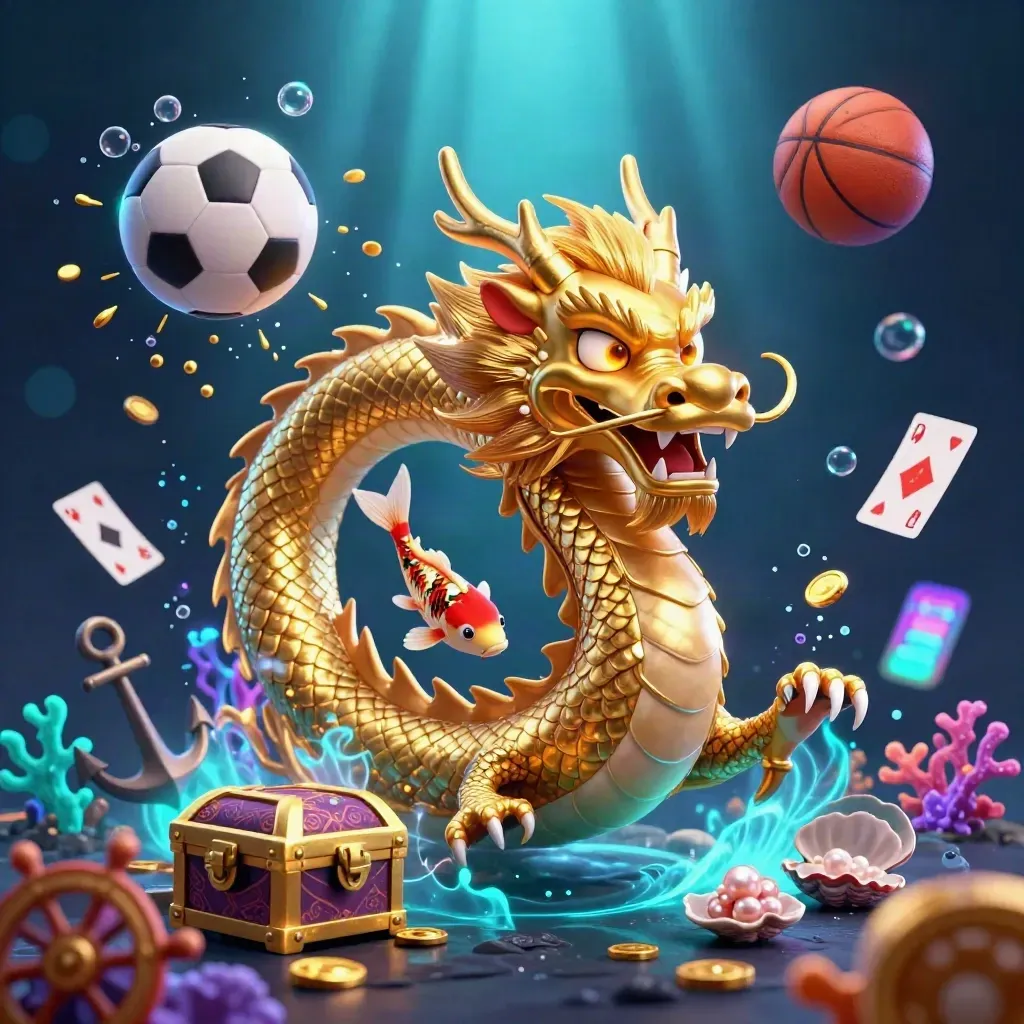 Golden dragon, phoenix, and koi amid underwater treasure, coins, bubbles, and sports gear.
