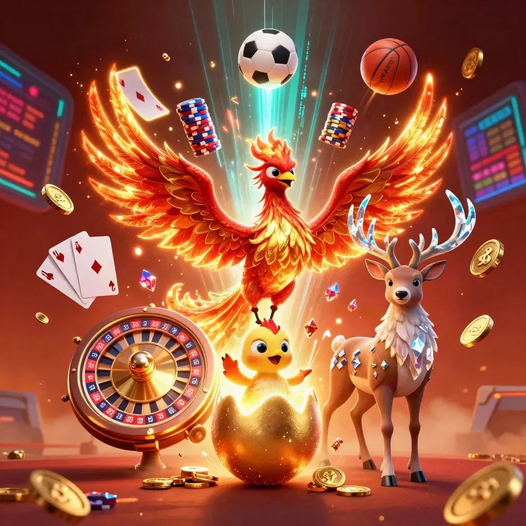Fire phoenix, baby phoenix, and crystal stag amid casino coins, cards, chips, balls, and neon glow.