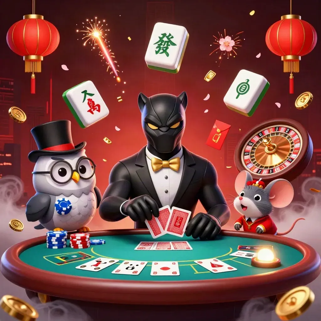 Panther, owl, and mouse in a luxe casino scene with lanterns, tiles, smoke, and glowing effects.