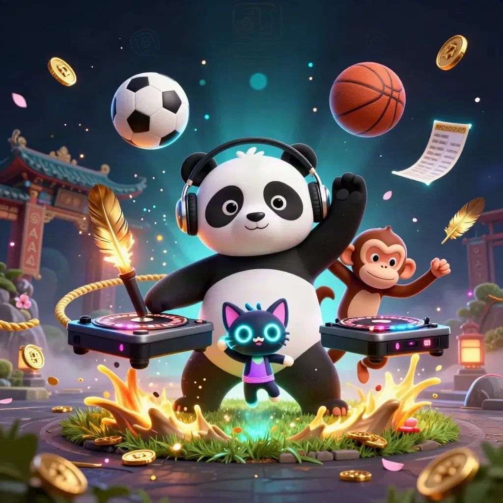 DJ panda, monkey, and kitten in neon casino action with soccer and basketball mid-flight.