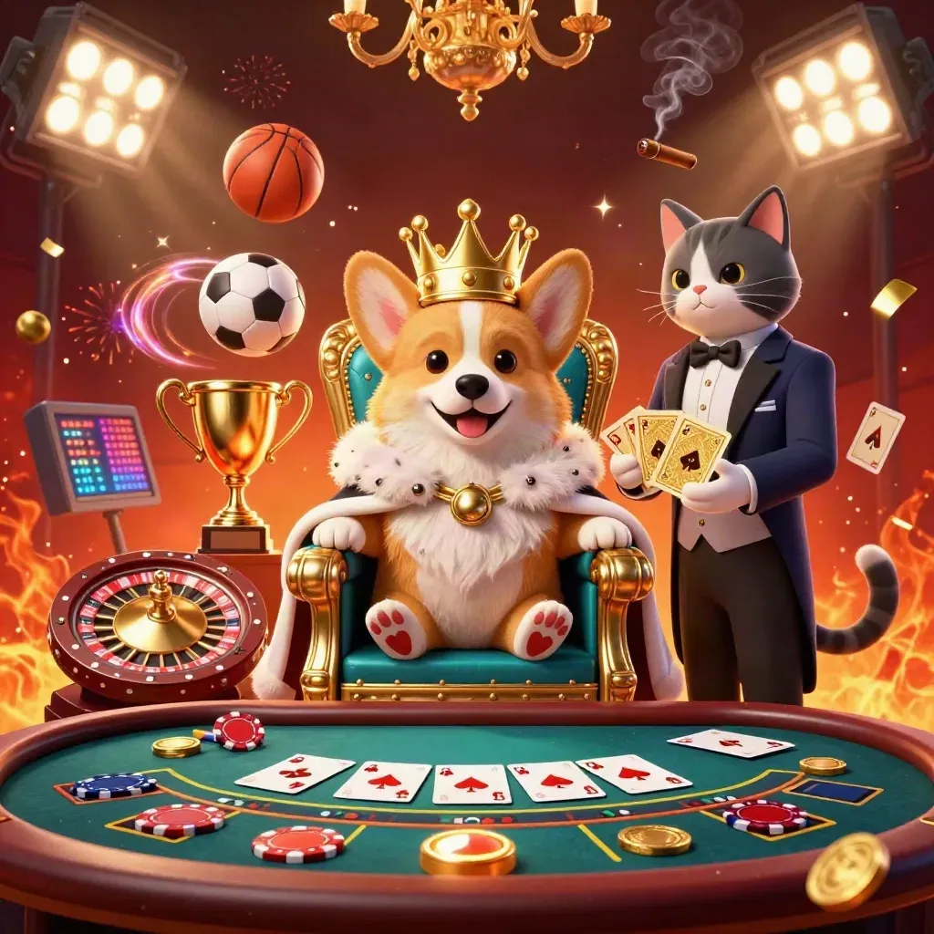 Royal corgi king and cat butler amid casino lights, sports balls, coins, and fireworks.