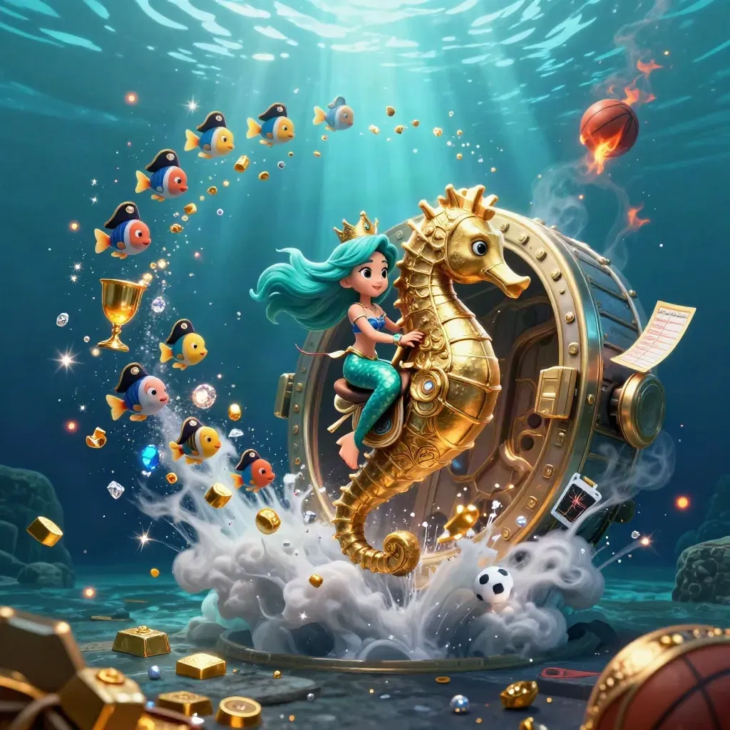 Mermaid princess on armored seahorse amid treasure, fish, gold, and glowing underwater casino loot.