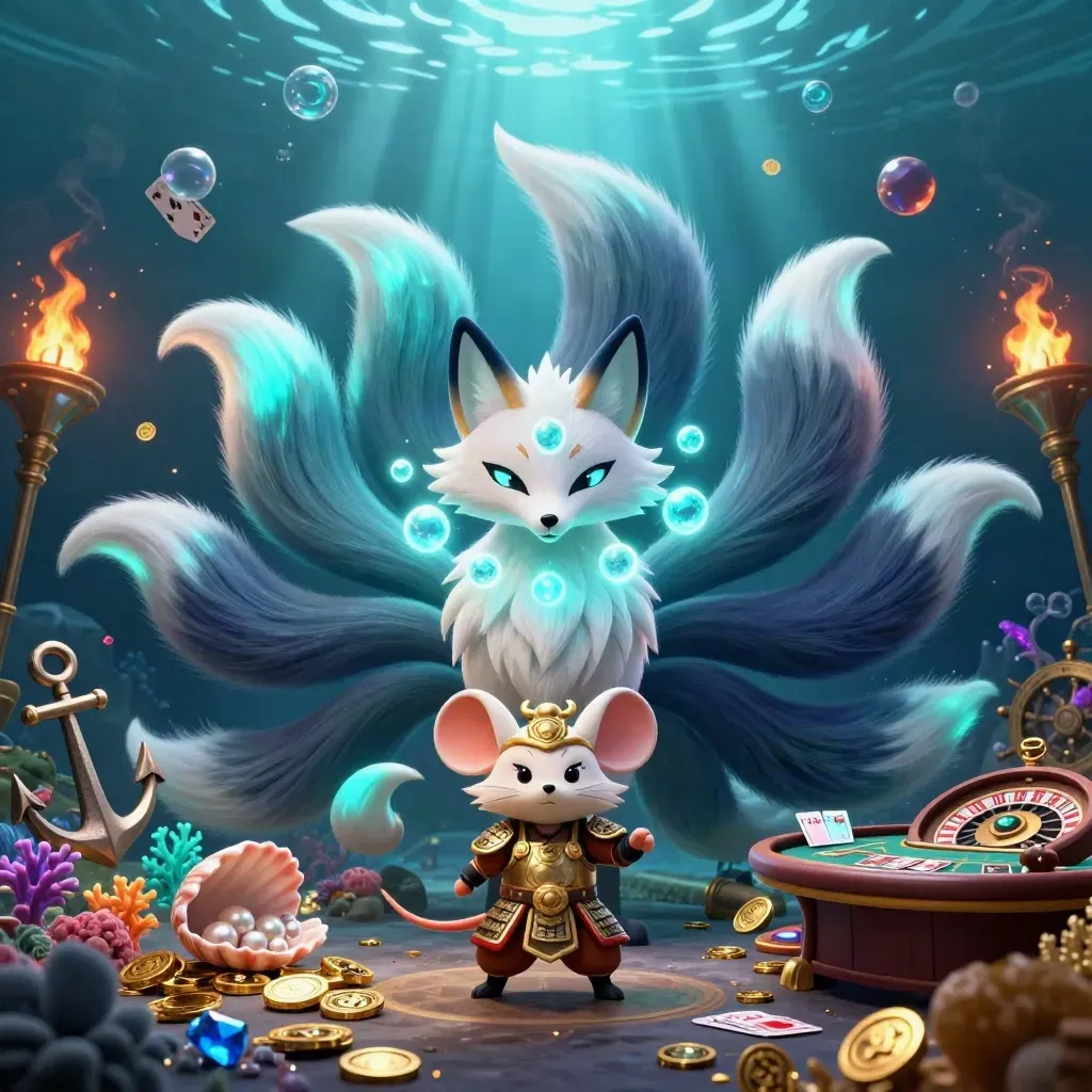 Nine-tailed fox and samurai mouse in a glowing underwater casino treasure cove