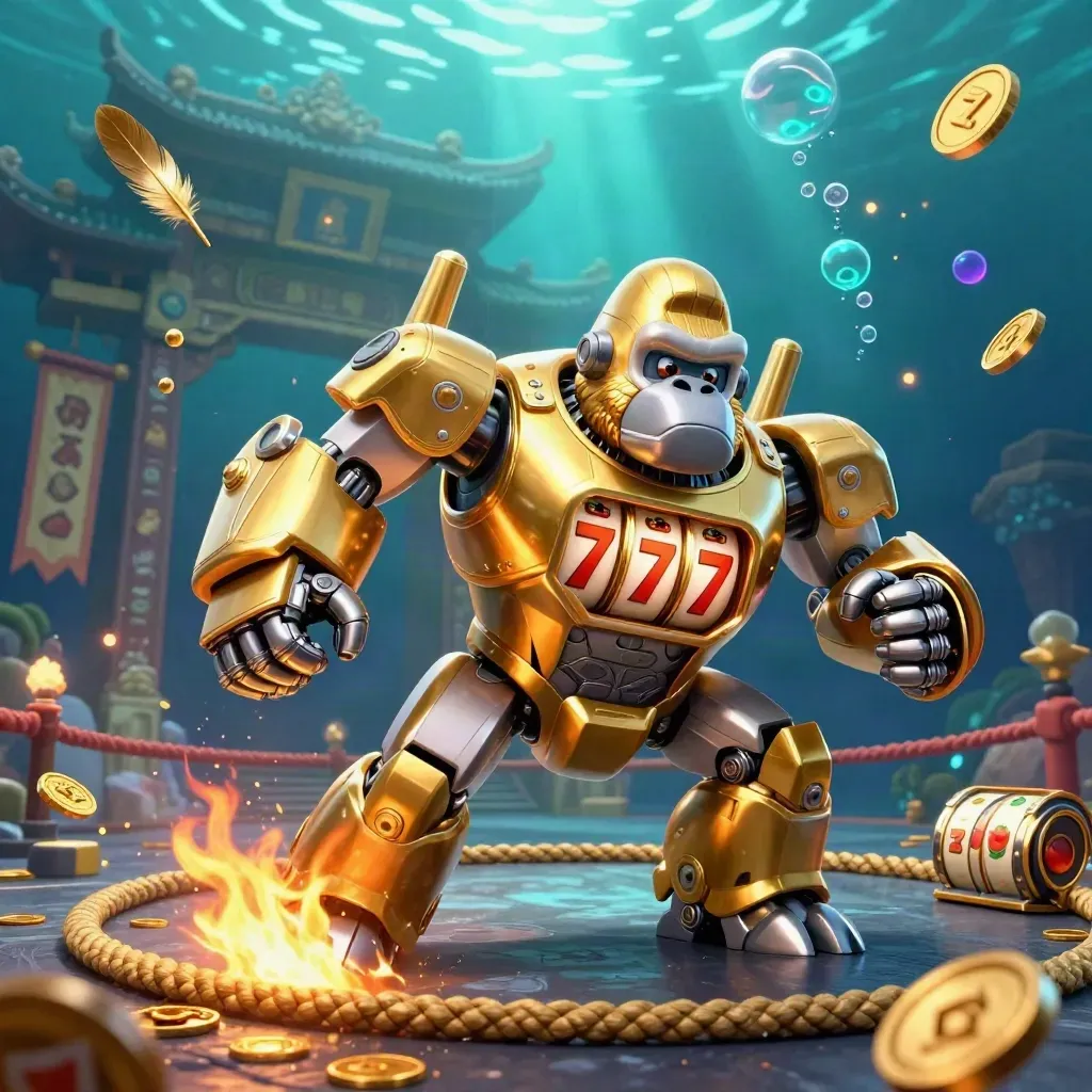Golden gorilla mech and monkey pilot amid coins, reels, temple gate, and teal underwater glow.