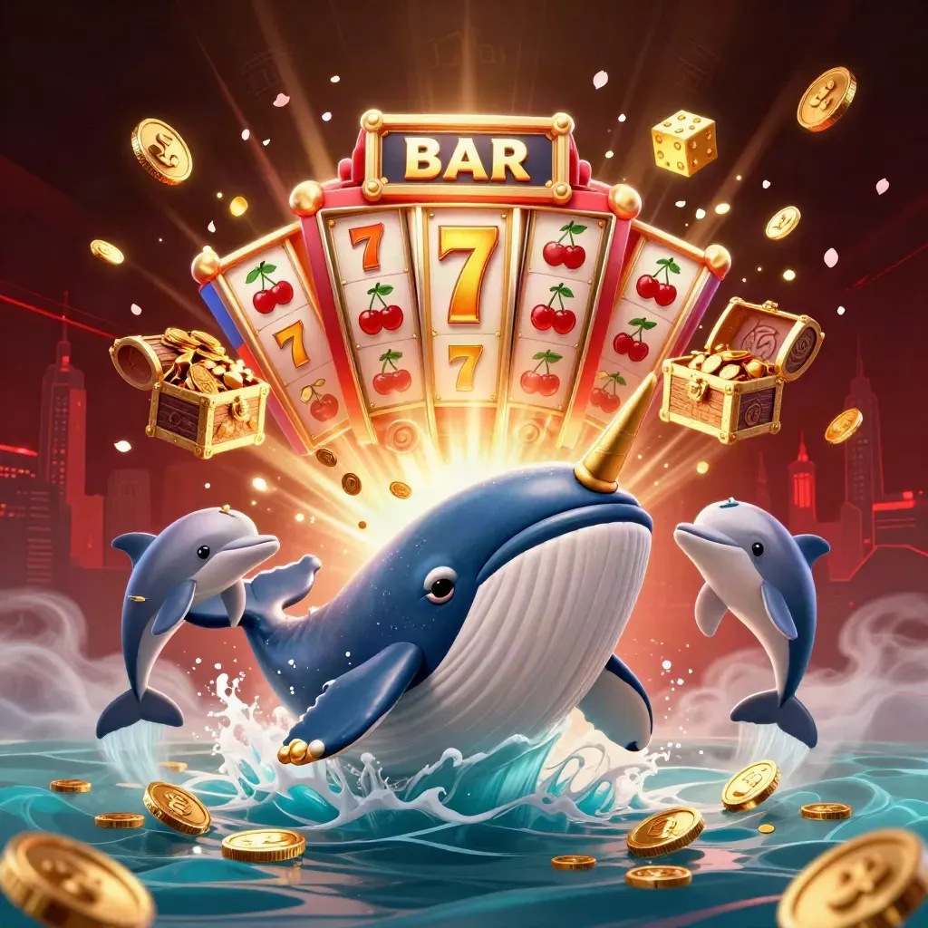 Captain whale, narwhal, and dolphins burst from coins amid slot sparks and treasure.