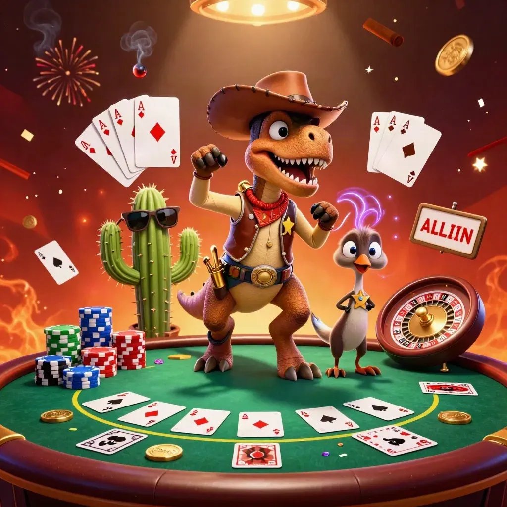 Cowboy T-Rex, cactus sidekick, and sheriff roadrunner amid luxe casino tables and glowing effects.