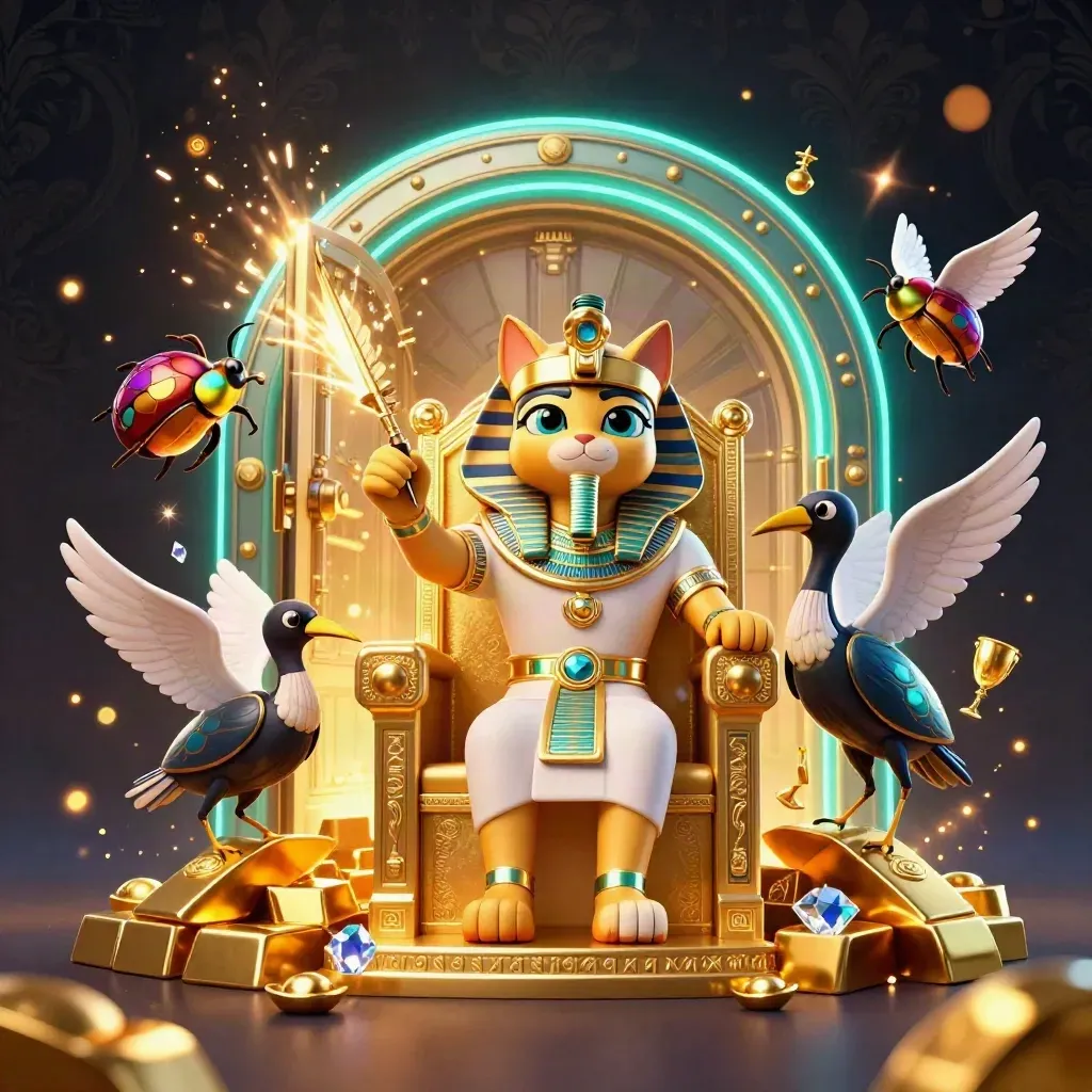 Pharaoh cat, ibis scribe, and scarab beetles burst from a treasure vault in teal-lit casino fantasy