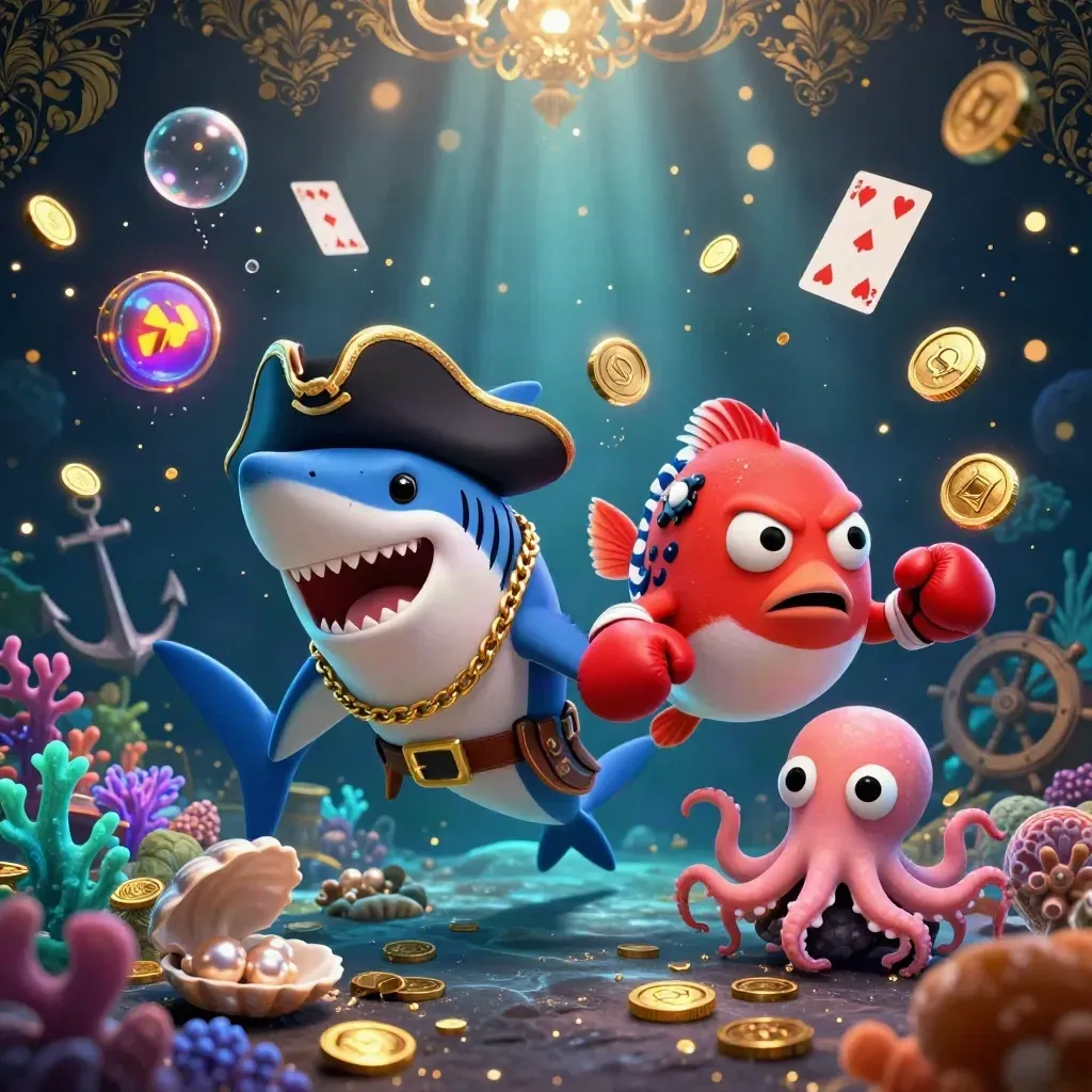 Pirate shark, pufferfish, and juggling octopus burst through a jeweled underwater treasure cove.