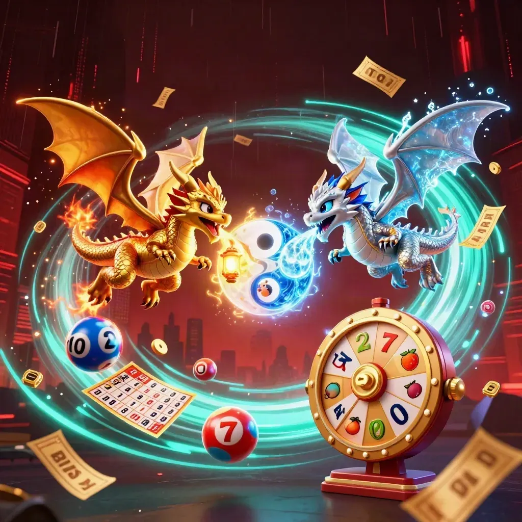Gold and silver dragons spiral around a lantern spirit with casino tokens in neon teal light