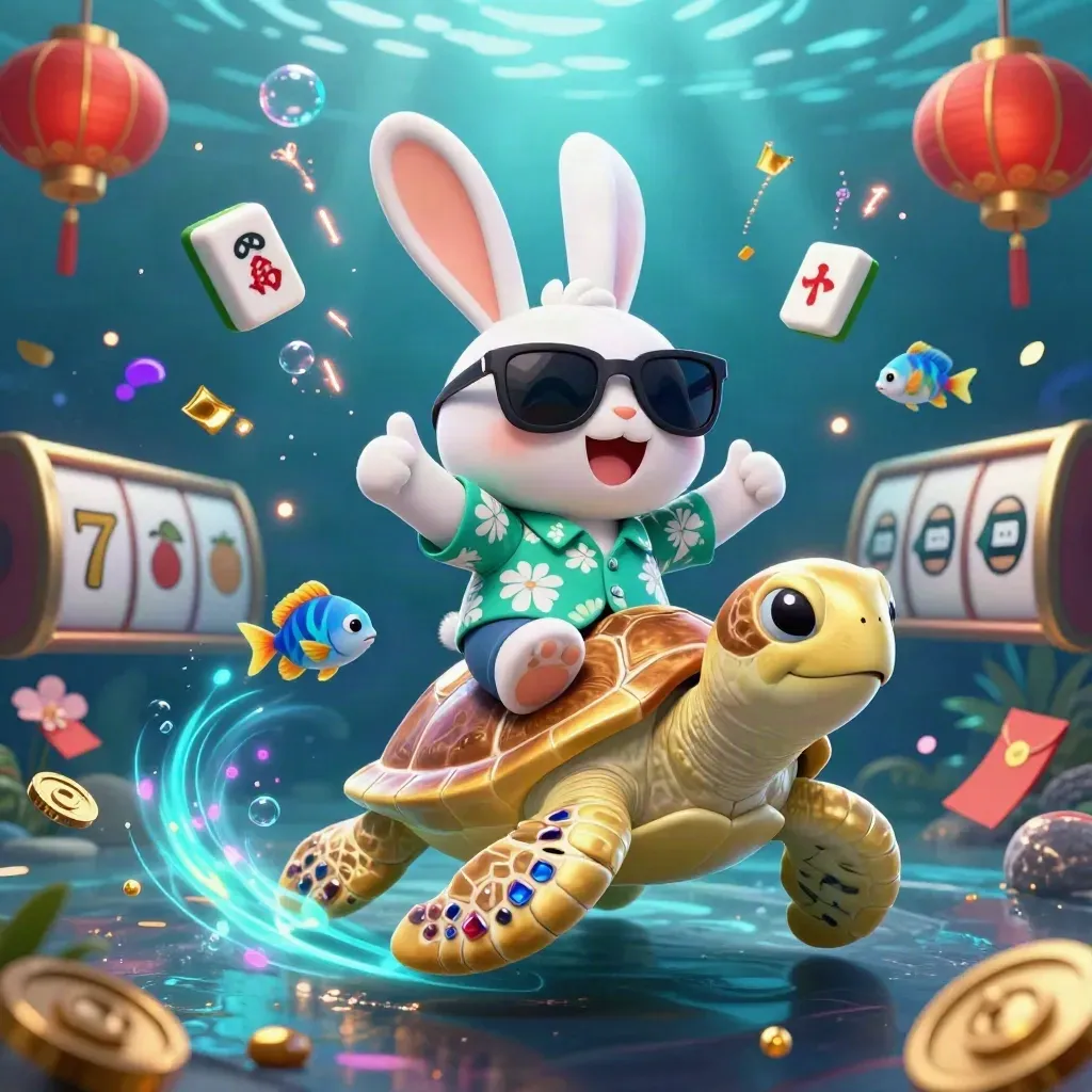 Lucky rabbit and golden sea turtle bursting through underwater casino treasures in teal light.