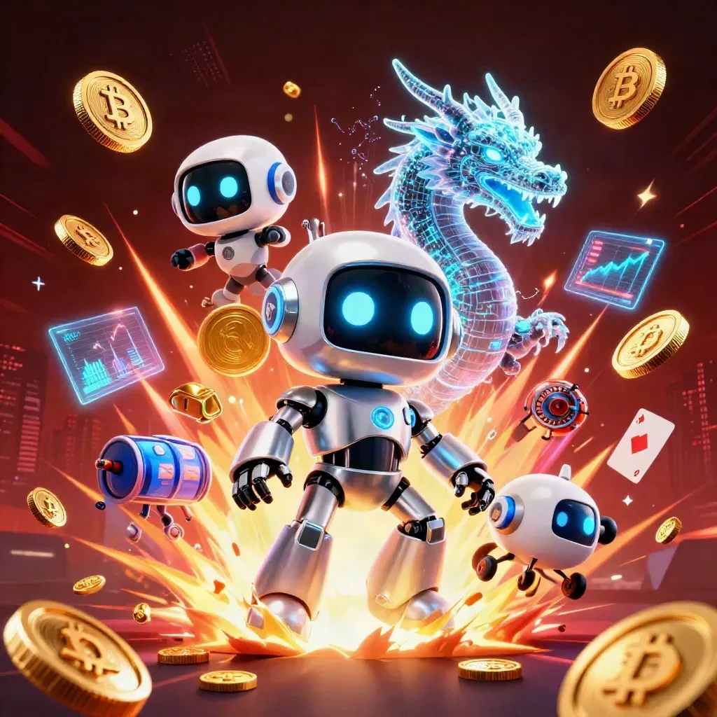 Robot, holographic dragon, and coin drone amid exploding gold, neon coins, and fireworks.
