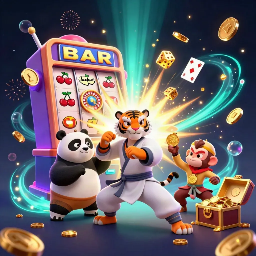 Tiger, panda, and monkey amid exploding slots, coins, and treasure in a neon casino splash scene