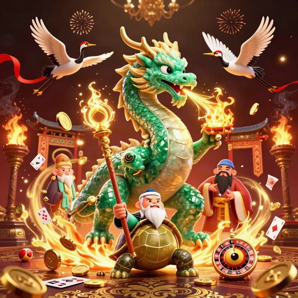 Emerald dragon, turtle sage, and cranes amid coins, fire, and fireworks in a luxe casino scene.