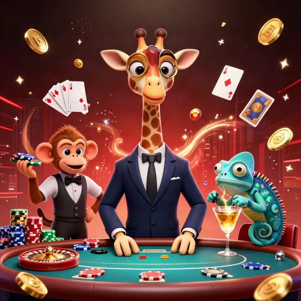 Giraffe high roller with valet monkey and chameleon bartender amid coins, chips, fireworks.
