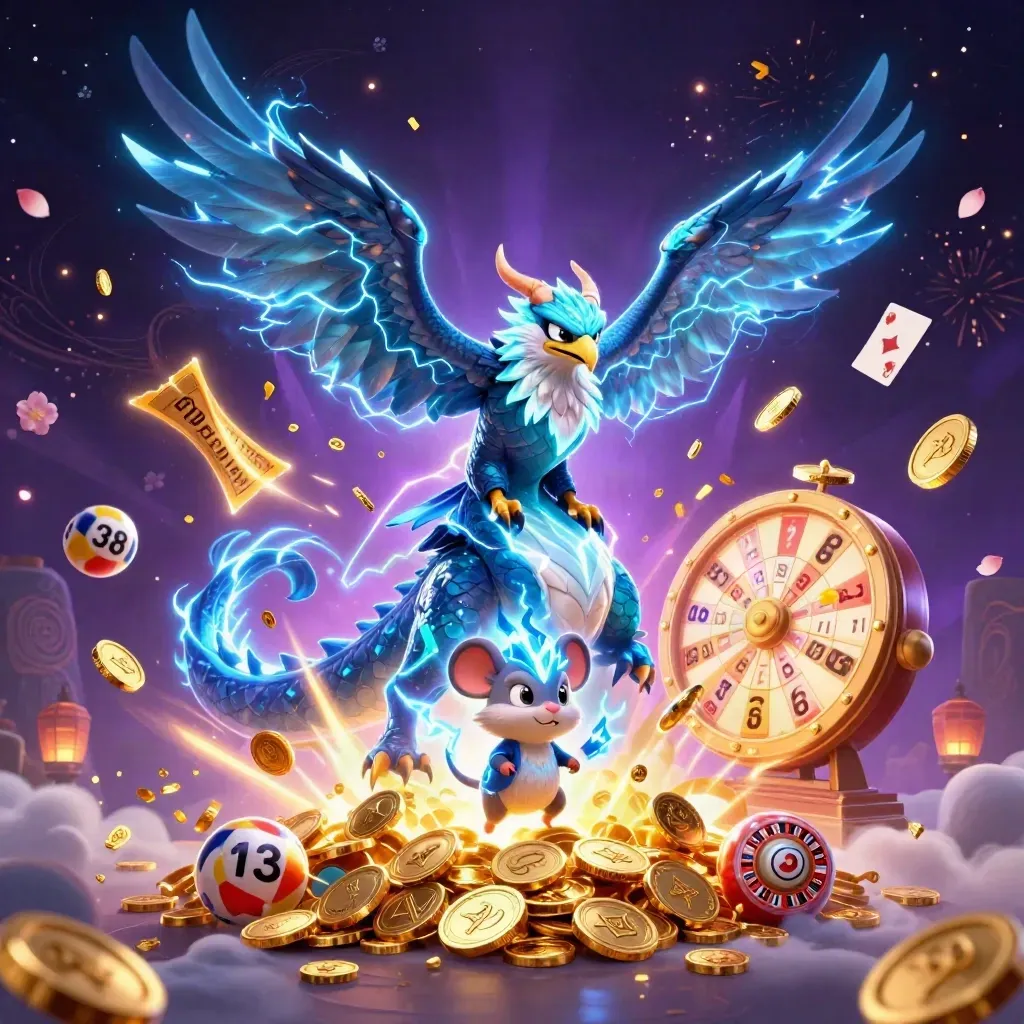 Thunder dragon, wind hawk, and static mouse amid gold coins, lottery balls, and fireworks.