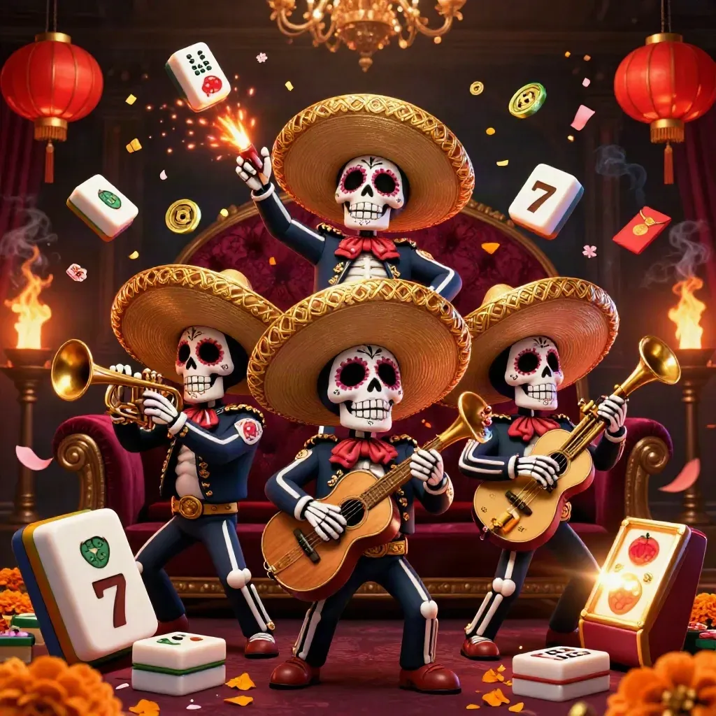 Skeleton mariachi trio amid mahjong tiles, lanterns, coins, reels, and gold casino effects